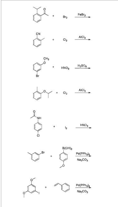 CN
Br
اموال
of
NH
ई
+
Br₂
HNO₂
Cl₂
B(OH)₂
FeBra
AICI₂
H₂SO4
AICI₂
HNO,
Pd(PPhal
Na₂CO3
Pd(PPha)
Na₂CO₁