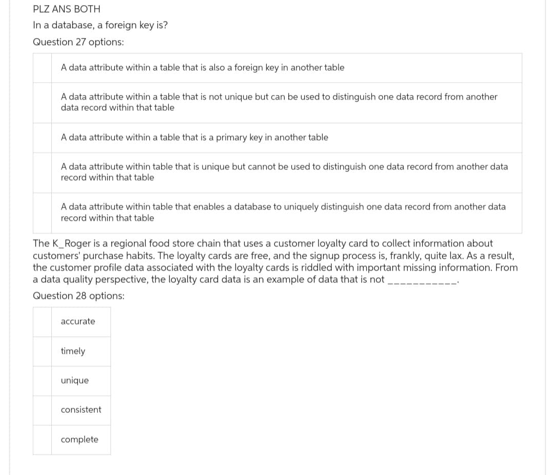 PLZ ANS BOTH
In a database, a foreign key is?
Question 27 options:
A data attribute within a table that is also a foreign key in another table
A data attribute within a table that is not unique but can be used to distinguish one data record from another
data record within that table
A data attribute within a table that is a primary key in another table
A data attribute within table that is unique but cannot be used to distinguish one data record from another data
record within that table
A data attribute within table that enables a database to uniquely distinguish one data record from another data
record within that table
The K_Roger is a regional food store chain that uses a customer loyalty card to collect information about
customers' purchase habits. The loyalty cards are free, and the signup process is, frankly, quite lax. As a result,
the customer profile data associated with the loyalty cards is riddled with important missing information. From
a data quality perspective, the loyalty card data is an example of data that is not
Question 28 options:
accurate
timely
unique
consistent
complete