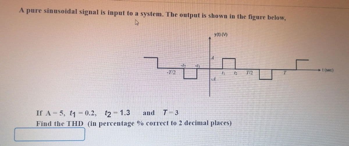 A pure sinusoidal signal is input to a system. The output is shown in the figure below,
y(t) (V)
-T/2
T/2
t (sec)
-4
If A= 5, t1 = 0.2, t2 = 1.3
and
T- 3
Find the THD (in percentage % correct to 2 decimal places)
