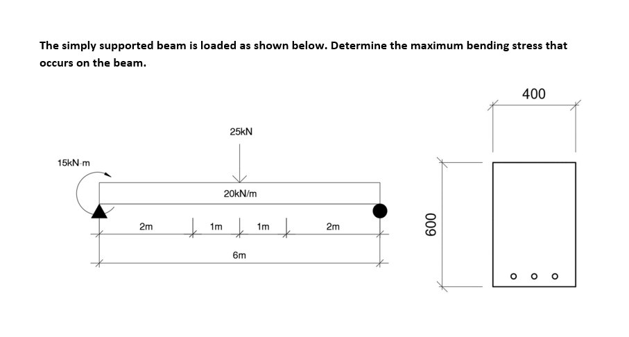 The simply supported beam is loaded as shown below. Determine the maximum bending stress that
occurs on the beam.
15kN-m
2m
+
25kN
20kN/m
1m
+
6m
1m
+
2m
009
O
400
O
O