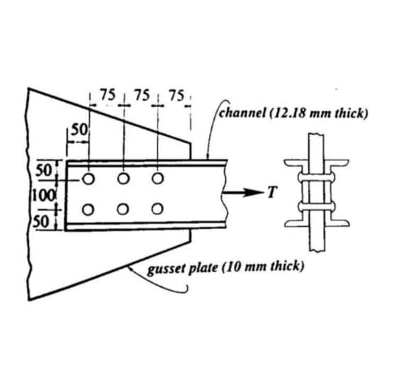 50
100
50
50
75 75 75
+000
channel (12.18 mm thick)
-T
gusset plate (10 mm thick)