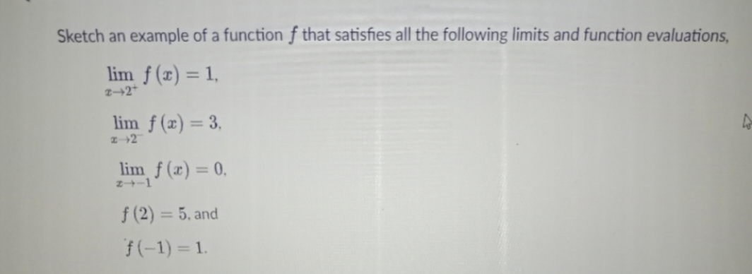 Sketch an example of a function f that satisfies all the following limits and function evaluations,
lim f(x) = 1,
2-2+
lim f(x) = 3,
x 2
lim f(x) = 0,
24-1
ƒ (2) = 5, and
f(-1) = 1.
4
