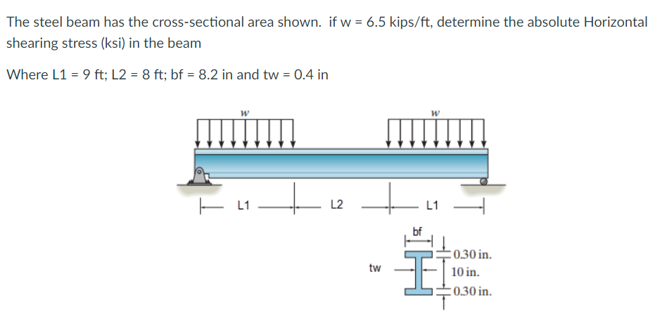 The steel beam has the cross-sectional area shown. if w = 6.5 kips/ft, determine the absolute Horizontal
shearing stress (ksi) in the beam
Where L1 = 9 ft; L2 = 8 ft; bf = 8.2 in and tw = 0.4 in
E L1
L2
L1
:0.30 in.
tw
10 in.
:0.30 in.
of
