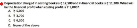 Depreciation charged in costing books is 7 12,500 and in financial books is ? 11,200. What will
be the financial profit when costing profit is ? 5,000?
A 5,000
B. १3,700
८ १6,300
D. None of the above
