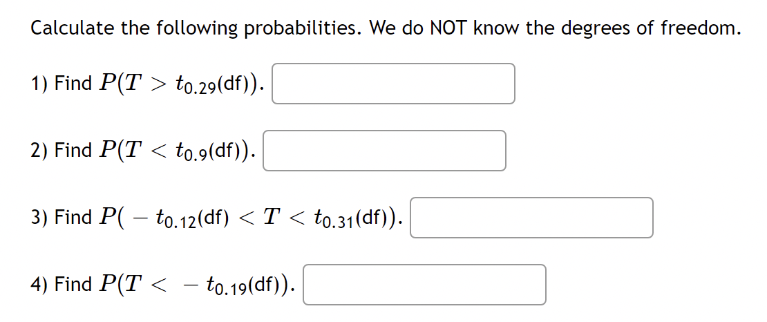 Calculate the following probabilities. We do NOT know the degrees of freedom.
1) Find P(T > to.29(df)).
2) Find P(T < to.9(df).
3) Find P( – to.12(df) < T < to.31(df).
4) Find P(T <
- to.19(df)).
-
