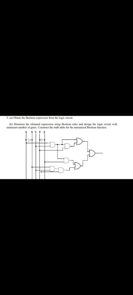 5. (a) Obtain the Boolean expression from the logic circuit.
(b) Minimize the obtained expression using Boolean rules and design the logic circuit with
minimum number of gates. Construct the truth table for the minimized Boolean function.
