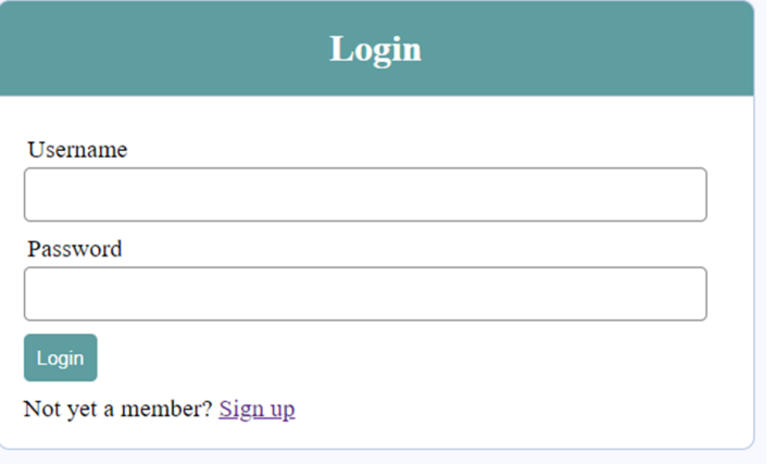 Username
Password
Login
Not yet a member? Sign up
Login