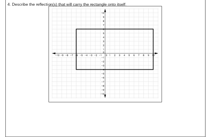 4. Describe the reflection(s) that will carry the rectangle onto itself.
10
7
2
-10 -9 -8 -7
-3 -2 -1
0 1
-1
-2
-3
-8
