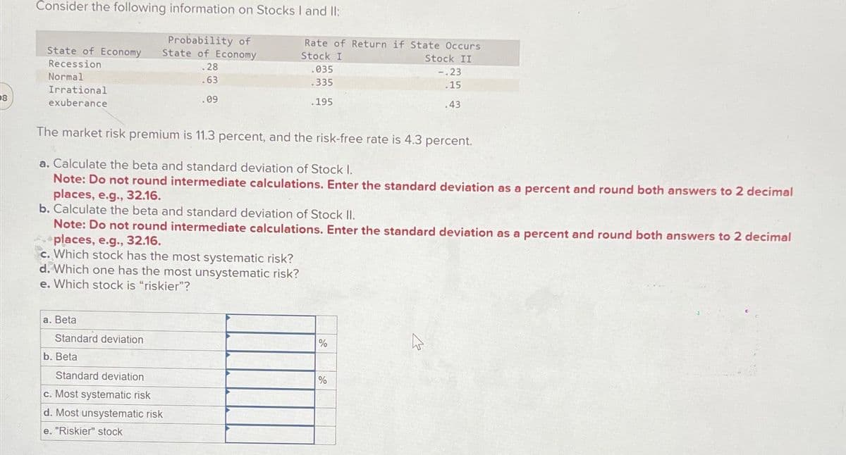 8
Consider the following information on Stocks I and II:
State of Economy
Recession
Normal
Irrational
exuberance
a. Beta
Standard deviation
Probability of
State of Economy
.28
.63
.09
b. Beta
The market risk premium is 11.3 percent, and the risk-free rate is 4.3 percent.
a. Calculate the beta and standard deviation of Stock I.
Note: Do not round intermediate calculations. Enter the standard deviation as a percent and round both answers to 2 decimal
places, e.g., 32.16.
b. Calculate the beta and standard deviation of Stock II.
Note: Do not round intermediate calculations. Enter the standard deviation as a percent and round both answers to 2 decimal
places, e.g., 32.16.
c. Which stock has the most systematic risk?
d. Which one has the most unsystematic risk?
e. Which stock is "riskier"?
Rate of Return if State Occurs
Stock I
Stock II
Standard deviation
c. Most systematic risk
d. Most unsystematic risk
e. "Riskier" stock
.035
.335
.195
%
-.23
.15
.43
%