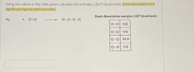 Using the values in the table given, calculate the enthalpy, (AH) (kcal/mole). Enter the answer to 3
significant figures (without units).
H₂ + O=0
H-0-0-H
Bond dissociation energies (AH)(kcal/mole)
H-H 103
O=O 118
0-0 34.9
O-H 112