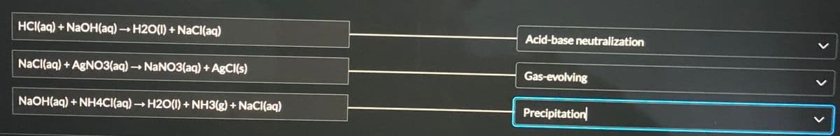 HCI(aq) + NaOH(aq) → H20(1) + NaCl(aq)
Acid-base neutralization
NaCl(aq) + AGNO3(aq) →NANO3(aq) + AgCI(s)
Gas-evolving
NaOH(aq) + NH4CI(aq)→ H2O(I1) + NH3(g) + NaCI(aq)
Precipitation
>
<>
