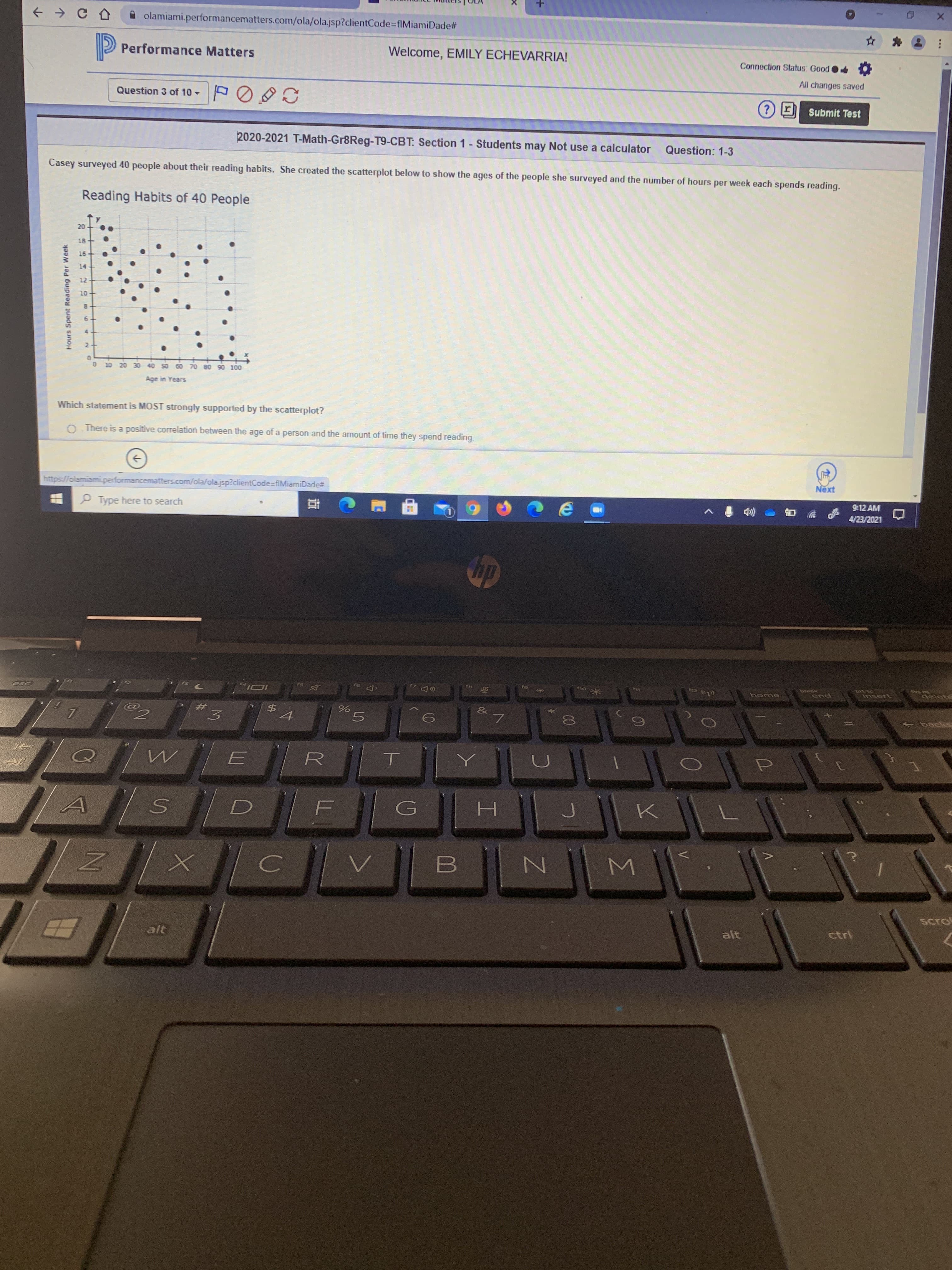 Question: 1-3
Casey surveyed 40 people about their reading habits. She created the scatterplot below to show the ages of the people she surveyed and the number of hours per week each spends reading.
Reading Habits of 40 People
20
18+
16+
14+
12
10
6.
10 20 30 40 50 60 70 80 90 100
Age in Years
Which statement is MOST strongly supported by the scatterplot?
O. There is a positive correlation between the age of a person and the amount of time they spend reading.
Hours Spent Reading Per Week
