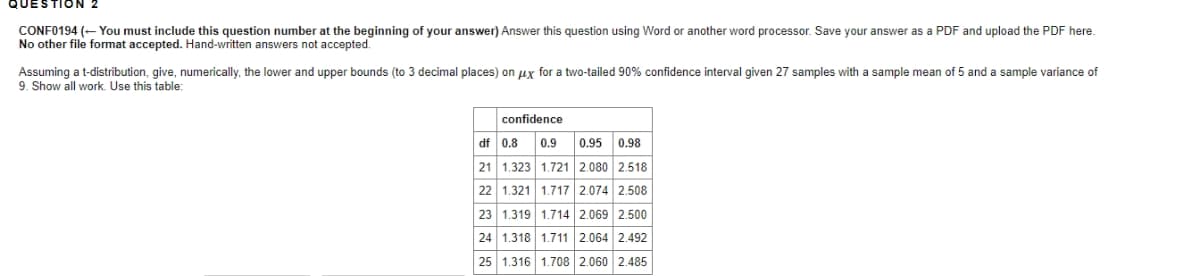 CONFO194 (- You must include this question number at the beginning of your answer) Answer this question using Word or another word processor. Save your answer as a PDF and upload the PDF here.
No other file format accepted. Hand-written answers not accepted.
Assuming a t-distribution, give, numerically, the lower and upper bounds (to 3 decimal places) on ux for a two-tailed 90% confidence interval given 27 samples with a sample mean of 5 and a sample variance of
9. Show all work. Use this table:
confidence
df 0.8
0.9
0.95 0,98
21 1.323 1.721 2.080 2.518
22 1.321 1.717 2.074 2.508
23 1.319 1.714 2.069 2.500
24 1.318 1.711 2.064 2.492
25 1.316 1.708 2.060 2.485
