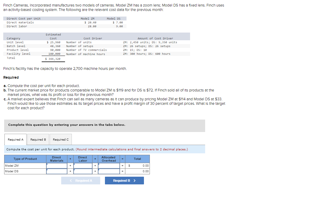 Finch Cameras, Incorporated manufactures two models of cameras. Model ZM has a zoom lens; Model DS has a fixed lens. Finch uses
an activity-based costing system. The following are the relevant cost data for the previous month:
Direct Cost per Unit
Direct materials
Direct labor
Category
Unit level
Batch level
Product level
Facility level
Total
Estimated
Cost
$ 25,960
48,360
90,000
180,000
$ 344,320
Type of Product
Model ZM
Model DS
Required B
Model ZM
$20.40
28.80
Cost Driver
Number of units.
Number of setups.
Number of TV commercials
Number of machine hours
Finch's facility has the capacity to operate 2,700 machine hours per month.
Required
a. Compute the cost per unit for each product.
b. The current market price for products comparable to Model ZM IS $119 and for DS is $72. If Finch sold all of its products at the
market prices, what was its profit or loss for the previous month?
c. A market expert belleves that Finch can sell as many cameras as it can produce by pricing Model ZM at $114 and Model DS at $33.
Finch would like to use those estimates as its target prices and have a profit margin of 30 percent of target prices. What is the target
cost for each product?
Required C
Complete this question by entering your answers in the tabs below.
+
Model DS
Required A
Compute the cost per unit for each product. (Round intermediate calculations and final answers to 2 decimal places.)
Direct
Materials
Direct
Labor
$7.00
9.00
< Required A
Amount of Cost Driver
ZM: 2,450 units; DS: 9,350 units
ZM: 26 setups; DS: 26 setups
ZM: 15; DS: 10
ZM: 300 hours; DS: 600 hours
Allocated
Overhead
S
Total
Required B >
0.00
0.00
