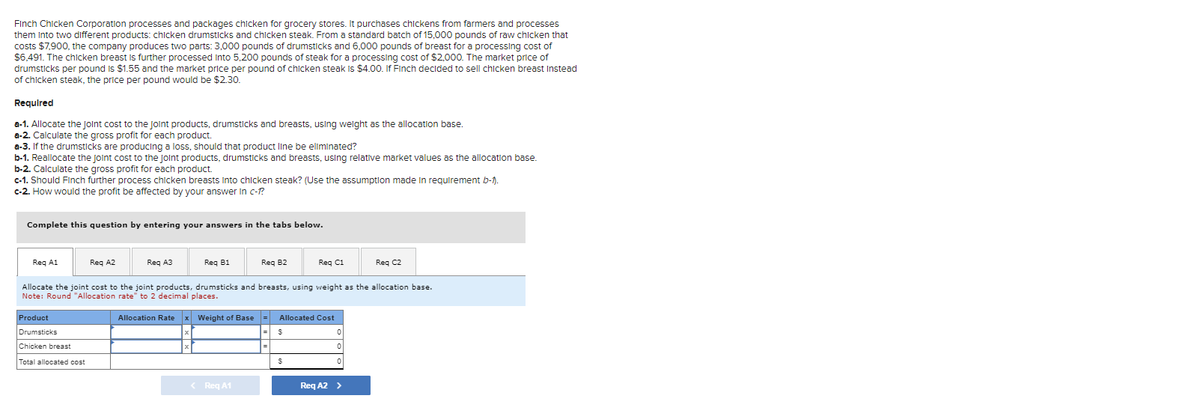 Finch Chicken Corporation processes and packages chicken for grocery stores. It purchases chickens from farmers and processes
them into two different products: chicken drumsticks and chicken steak. From a standard batch of 15,000 pounds of raw chicken that
costs $7,900, the company produces two parts: 3,000 pounds of drumsticks and 6,000 pounds of breast for a processing cost of
$6,491. The chicken breast is further processed into 5,200 pounds of steak for a processing cost of $2,000. The market price of
drumsticks per pound is $1.55 and the market price per pound of chicken steak is $4.00. If Finch decided to sell chicken breast Instead
of chicken steak, the price per pound would be $2.30.
Required
a-1. Allocate the joint cost to the Joint products, drumsticks and breasts, using weight as the allocation base.
a-2. Calculate the gross profit for each product.
a-3. If the drumsticks are producing a loss, should that product line be eliminated?
b-1. Reallocate the joint cost to the Joint products, drumsticks and breasts, using relative market values as the allocation base.
b-2. Calculate the gross profit for each product.
c-1. Should Finch further process chicken breasts Into chicken steak? (Use the assumption made in requirement b-1).
c-2. How would the profit be affected by your answer in c-1?
Complete this question by entering your answers in the tabs below.
Req A1
Req A2
Allocate the joint cost to the joint products, drumsticks and breasts, using weight as the allocation base.
Note: Round "Allocation rate" to 2 decimal places.
Allocation Rate x Weight of Base
Req A3
Product
Drumsticks
Chicken breast
Total allocated cost
Req B1
Req B2
< Req A1
Req C1
Allocated Cost
$
$
0
0
0
Req C2
Req A2 >