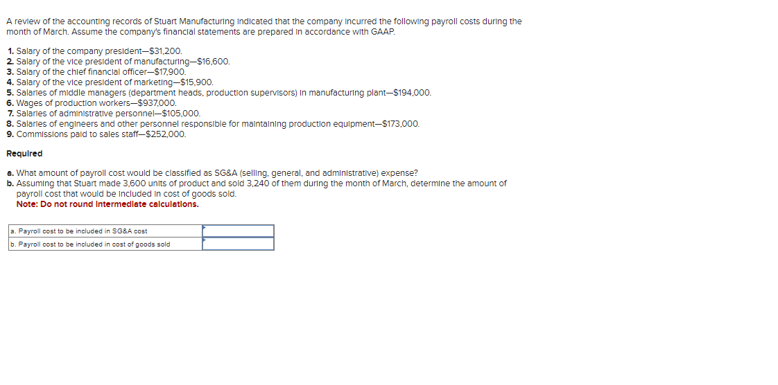 A review of the accounting records of Stuart Manufacturing indicated that the company incurred the following payroll costs during the
month of March. Assume the company's financial statements are prepared in accordance with GAAP.
1. Salary of the company president-$31,200.
2. Salary of the vice president of manufacturing-$16,600.
3. Salary of the chlef financial officer-$17,900.
4. Salary of the vice president of marketing-$15,900.
5. Salaries of middle managers (department heads, production supervisors) in manufacturing plant-$194,000.
6. Wages of production workers-$937,000.
7. Salaries of administrative personnel-$105,000.
8. Salaries of engineers and other personnel responsible for maintaining production equipment-$173,000.
9. Commissions paid to sales staff-$252,000.
Required
a. What amount of payroll cost would be classified as SG&A (selling, general, and administrative) expense?
b. Assuming that Stuart made 3,600 units of product and sold 3,240 of them during the month of March, determine the amount of
payroll cost that would be included in cost of goods sold.
Note: Do not round Intermediate calculations.
a. Payroll cost to be included in SG&A cost
. Payroll cost to be included in cost of goods sold