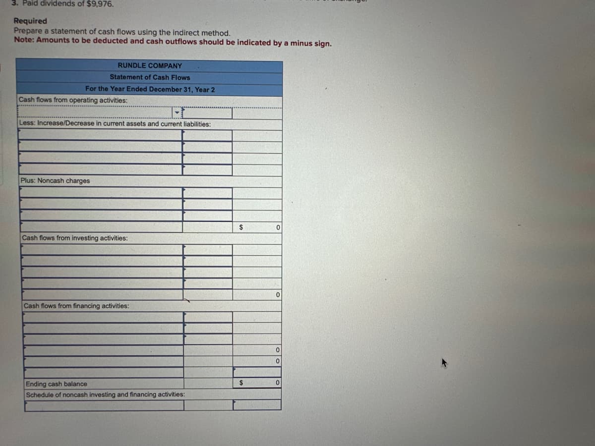 3. Paid dividends of $9,976.
Required
Prepare a statement of cash flows using the indirect method.
Note: Amounts to be deducted and cash outflows should be indicated by a minus sign.
RUNDLE COMPANY
Statement of Cash Flows
For the Year Ended December 31, Year 2
Cash flows from operating activities:
Less: Increase/Decrease in current assets and current liabilities:
Plus: Noncash charges
Cash flows from investing activities:
Cash flows from financing activities:
Ending cash balance
Schedule of noncash investing and financing activities:
$
$
0
0
0
0
0