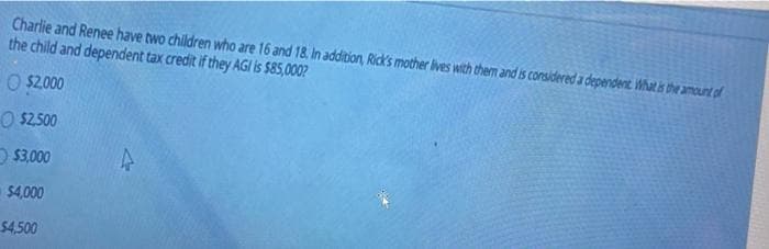 Charlie and Renee have two children who are 16 and 18. In addition, Rick's mother lives with them and is considered a dependent What is the amount of
the child and dependent tax credit if they AGI is $85,000?
O $2.000
O $2.500
O $3,000
$4000
$4.500
