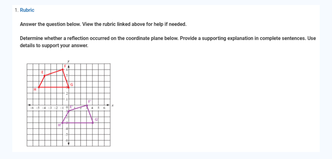 1. Rubric
Answer the question below. View the rubric linked above for help if needed.
Determine whether a reflection occurred on the coordinate plane below. Provide a supporting explanation in complete sentences. Use
details to support your answer.
-6
y
6