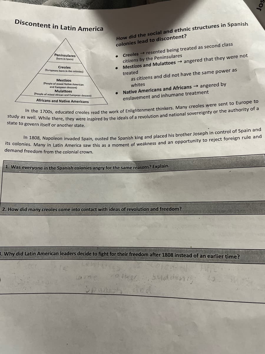 Discontent in Latin America
How did the social and ethnic structures in Spanish
colonies lead to discontent?
Creoles → resented being treated as second class
citizens by the Peninsulares
Mestizos and Mulattoes → angered that they were not
Peninsulares
(born in Spain)
Creoles
(Eurapeans born in the colonies)
treated
as citizens and did not have the same power as
Mestizos
(People of mixed Native American
and European descent)
Mulattoes
(People of mied African and European descent)
whites
Native Americans and Africans angered by
Africans and Native Americans
enslavement and inhumane treatment
wlr0us, educated creoles read the work of Enlightenment thinkers. Many creoles were sent to Europe to
state to govern itself or another state.
n 1808, Napoleon invaded Spain, ousted the Spanish king and placed his brother Joseph in control of Spain and
domates. Many in Latin America saw this as a moment of weakness and an opportunity to reject foreign rule and
demand freedom from the colonial crown.
1. Was everyone in the Spanish colonies angry for the same reasons? Explain.
2. How did many creoles come into contact with ideas of revolution and freedom?
3. Why did Latin American leaders decide to fight for their freedom after 1808 instead of an earlier time?
ther
Sudden
Spansh
sor
