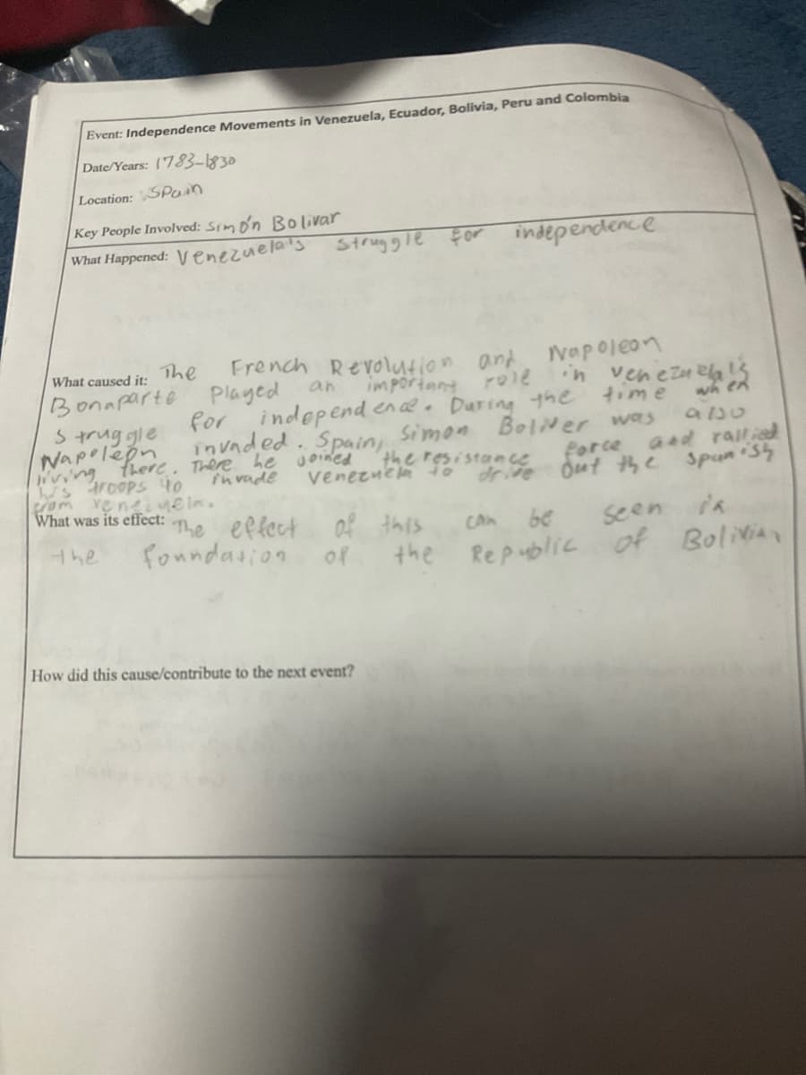 Event: Independence Movements in Venezuela, Ecuador, Bolivia, Peru and Colombia
Date/Years: (783-1830
Location: SPain
Key People Involved: SIm o'n Bolivar
What Happened: Venezuela's
for
independence
The
Bonaparte Played
for
French Revolytion ant
important
Ivapoleon
veneznelas
time
What caused it:
an
independ enae. Daring the
Simon
the resistan ce
wh en
S trug gle
Napolepn
invaded. Spain
Bolver was
aso
wwng there, There he goined
invade
Ws troops t0
om ve n ue ln.
What was its effect:
Porce
drive Out the Spun sh
and railied
veneznen
The effect
fonndasion
of this
CAn
be
seen ia
the
of
the Republic of BolivA
How did this cause/contribute to the next event?
