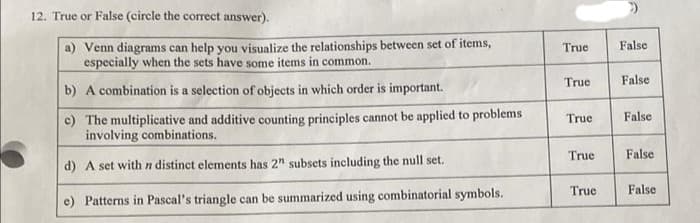 12. True or False (circle the correct answer).
a) Venn diagrams can help you visualize the relationships between set of items,
especially when the sets have some items in common.
True
False
True
False
b) A combination is a selection of objects in which order is important.
c) The multiplicative and additive counting principles cannot be applied to problems
involving combinations.
True
False
True
False
d) A set withn distinct elements has 2" subsets including the null set.
True
False
e) Patterns in Pascal's triangle can be summarized using combinatorial symbols.
