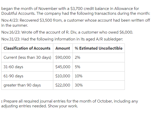 began the month of November with a $3,700 credit balance in Allowance for
Doubtful Accounts. The company had the following transactions during the month:
Nov.4/23: Recovered $3,500 from, a customer whose account had been written off
in the summer.
Nov.16/23: Wrote off the account of R. Div, a customer who owed $6,000.
Nov.31/23: Had the following information in its aged A/R subledger:
Classification of Accounts
Amount % Estimated Uncollectible
Current (less than 30 days)
$90,000 2%
31-60 days
$45,000 5%
61-90 days
$10,000 10%
greater than 90 days
$22,000 30%
: Prepare all required journal entries for the month of October, including any
adjusting entries needed. Show your work.