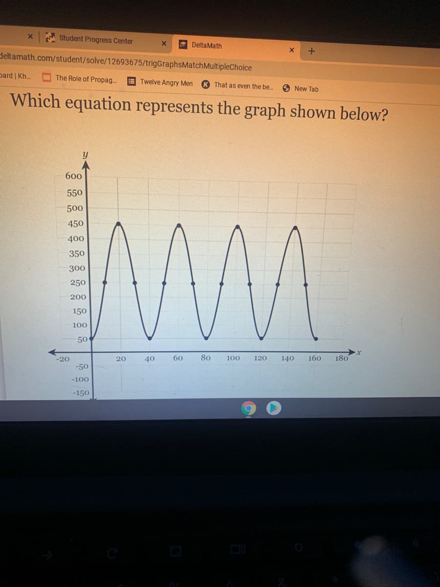 A Student Progress Center
E DeltaMath
+
deltamath.com/student/solve/12693675/trigGraphsMatchMultipleChoice
pard | Kh..
The Role of Propag..
E Twelve Angry Men
K That as even the be.
O New Tab
Which equation represents the graph shown below?
600
550
500
450
400
350
300
250
200
150
100
50
-20
20
40
60
80
100
120
140
160
180
-50
-100
-150
