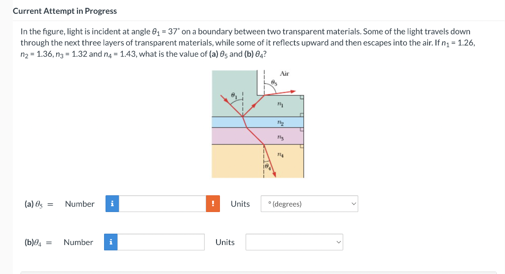 Current Attempt in Progress
In the figure, light is incident at angle 0₁ = 37° on a boundary between two transparent materials. Some of the light travels down
through the next three layers of transparent materials, while some of it reflects upward and then escapes into the air. If n₁ = 1.26,
n₂ = 1.36, n3 = 1.32 and n4 = 1.43, what is the value of (a) 05 and (b) 04?
Air
(a) 05 =
Number
i
(b) 04 =
Number
i
!
Units
Units
m
19
773
724
° (degrees)