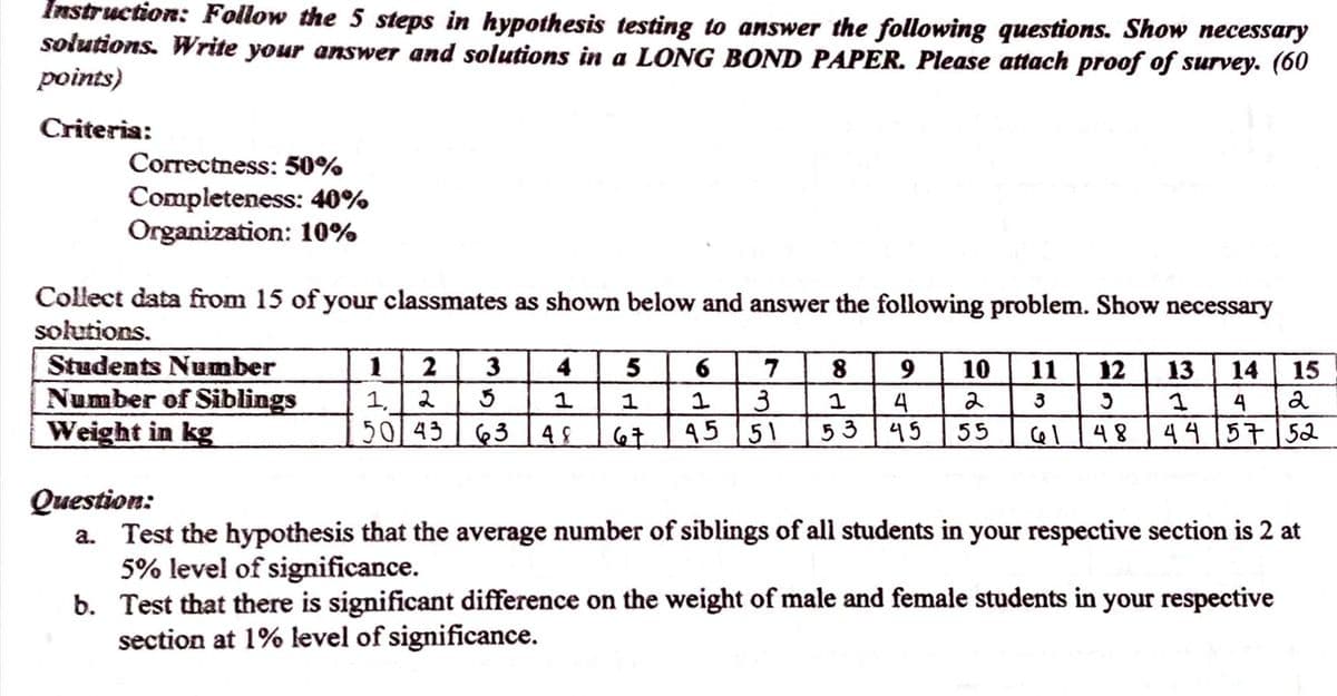 Instruction: Follow the 5 steps in hypothesis testing to answer the following questions. Show necessary
solutions. Write your answer and solutions in a LONG BOND PAPER. Please attach proof of survey. (60
points)
Criteria:
Correctness: 50%
Completeness: 40%
Organization: 10%
Collect data from 15 of your classmates as shown below and answer the following problem. Show necessary
solutions.
Students Number
Number of Siblings
Weight in kg
4
5
6.
7
3
45 51
8
10
11
12
13
14
15
2
1.
50 43 63
4
45
3
1
4
48
53
55
48
4457 52
Question:
a. Test the hypothesis that the average number of siblings of all students in your respective section is 2 at
5% level of significance.
b. Test that there is significant difference on the weight of male and female students in your respective
section at 1% level of significance.
