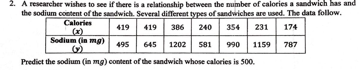 2. A researcher wishes to see if there is a relationship between the number of calories a sandwich has and
the sodium content of the sandwich. Several different types of sandwiches are used. The data follow.
Calories
(x)
419
419
386 240
354 231
174
Sodium (in mg)
495 645
1202 581 990 1159 787
Predict the sodium (in mg) content of the sandwich whose calories is 500.