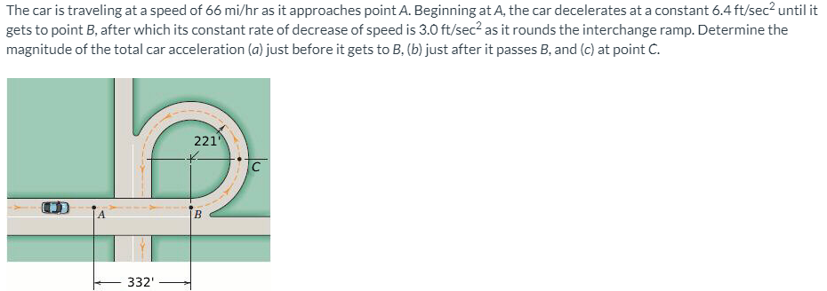 The car is traveling at a speed of 66 mi/hr as it approaches point A. Beginning at A, the car decelerates at a constant 6.4 ft/sec² until it
gets to point B, after which its constant rate of decrease of speed is 3.0 ft/sec? as it rounds the interchange ramp. Determine the
magnitude of the total car acceleration (a) just before it gets to B, (b) just after it passes B, and (c) at point C.
221
C
B
332'
