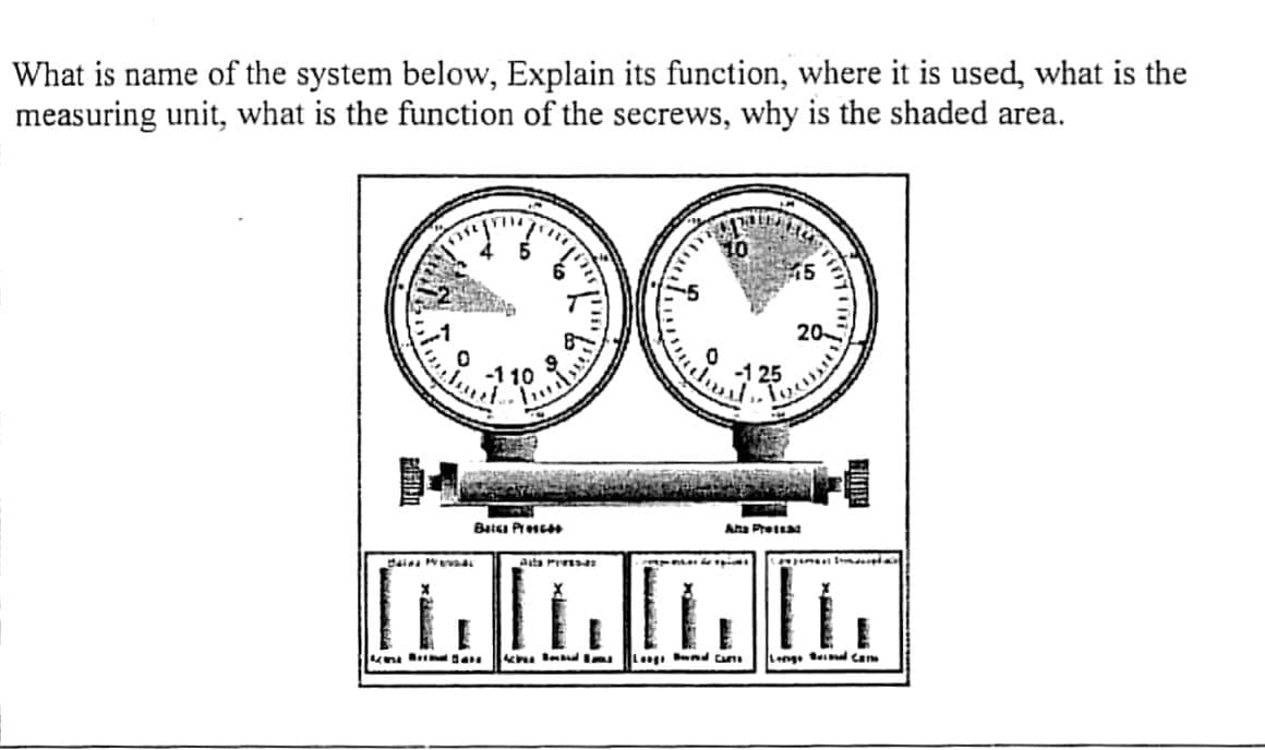 What is name of the system below, Explain its function, where it is used, what is the
measuring unit, what is the function of the secrews, why is the shaded area.
10
15
A
-110
FE
Baisa Pres
Asta Press-as
li. II. 11
a
Pi
L
Alta Pressal
de epis
20
Longs Bured Cars
Pom Sma
1
Logo Bel Cano