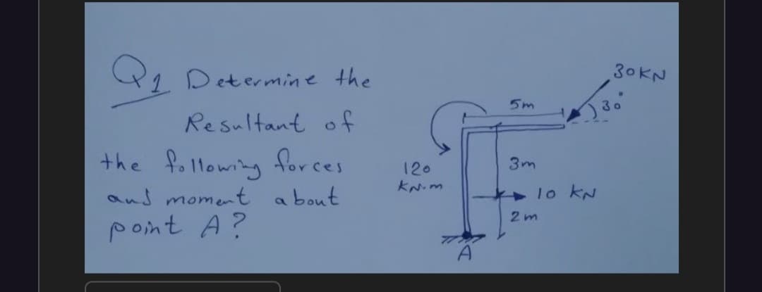 41 Determine the
30KN
5m
Resultant of
the following forces
a bout
120
3m
and moment
1o kN
2 m
pont A?
