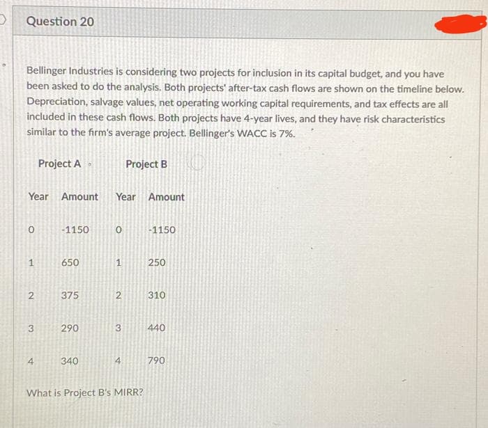 Question 20
Bellinger Industries is considering two projects for inclusion in its capital budget, and you have
been asked to do the analysis. Both projects' after-tax cash flows are shown on the timeline below.
Depreciation, salvage values, net operating working capital requirements, and tax effects are all
included in these cash flows. Both projects have 4-year lives, and they have risk characteristics
similar to the firm's average project. Bellinger's WACC is 7%.
O
Year Amount Year Amount
1
2
3
Project A
4
-1150
650
375
290
340
1
2
3
Project B
4
What is Project B's MIRR?
-1150
250
310
440
790