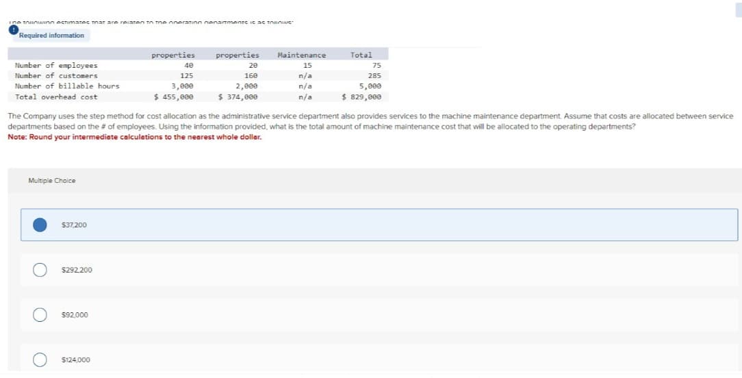 INA TOLOWING ASTIMATAS that are relate to the operation menanments is as Thin
Required information
Number of employees
Number of customers
Number of billable hours
Total overhead cost
Multiple Choice
O
O
O
$37,200
$292,200
The Company uses the step method for cost allocation as the administrative service department also provides services to the machine maintenance department. Assume that costs are allocated between service
departments based on the # of employees. Using the information provided, what is the total amount of machine maintenance cost that will be allocated to the operating departments?
Note: Round your intermediate calculations to the nearest whole dollar.
$92,000
properties
40
125
$124,000
3,000
$ 455,000
properties
20
160
2,000
$ 374,000
Maintenance
15
n/a
n/a
n/a
Total
75
285
5,000
$ 829,000