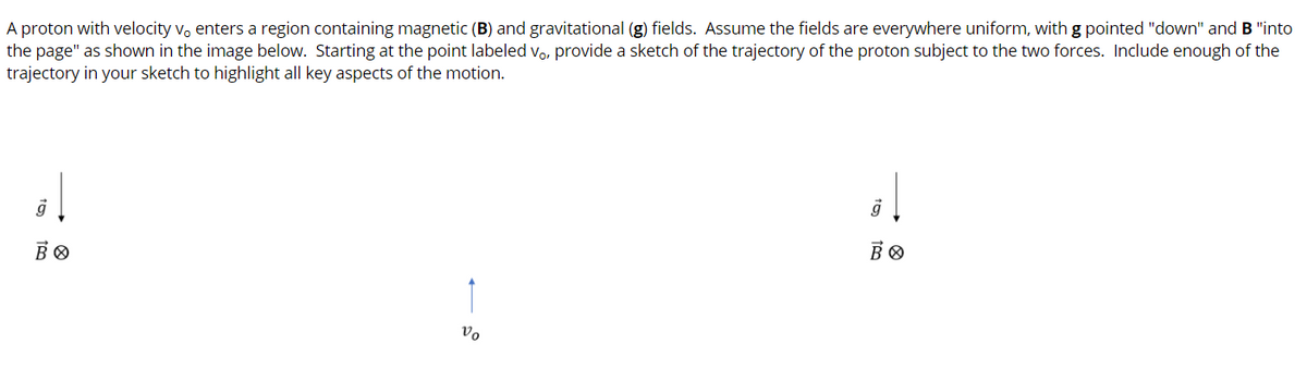 A proton with velocity v, enters a region containing magnetic (B) and gravitational (g) fields. Assume the fields are everywhere uniform, with g pointed "down" and B "into
the page" as shown in the image below. Starting at the point labeled vo, provide a sketch of the trajectory of the proton subject to the two forces. Include enough of the
trajectory in your sketch to highlight all key aspects of the motion.
Vo
