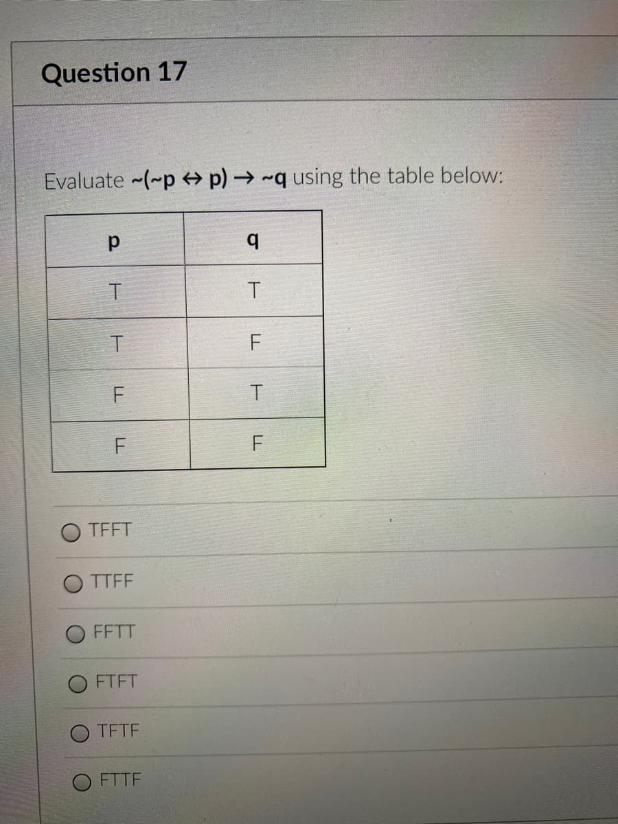 Question 17
Evaluate ~(~p A p) → -q using the table below:
p.
F
F
TFFT
O TTFF
FFTT
FTFT
TFTF
O FTTF
