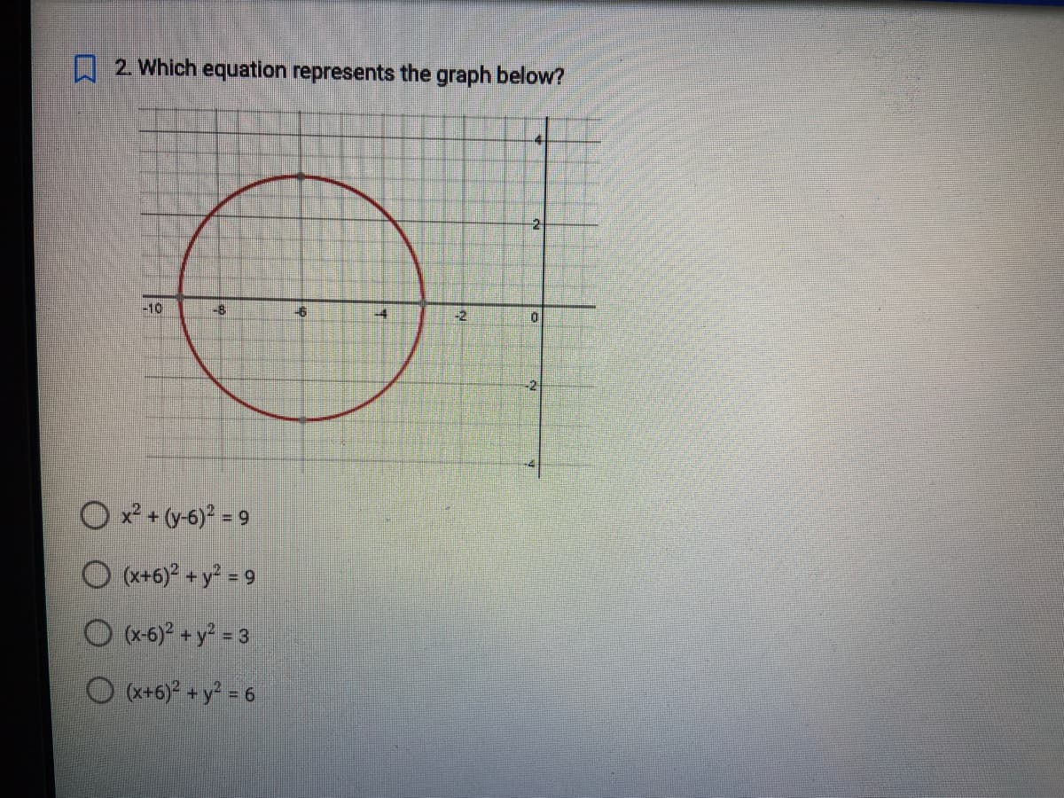 2. Which equation represents the graph below?
-10
-8
x² + (y-6)² = 9
(x+6)² + y² = 9
(x-6)² + y² = 3
(x+6)² + y² = 6
-61
14
-2
4
10