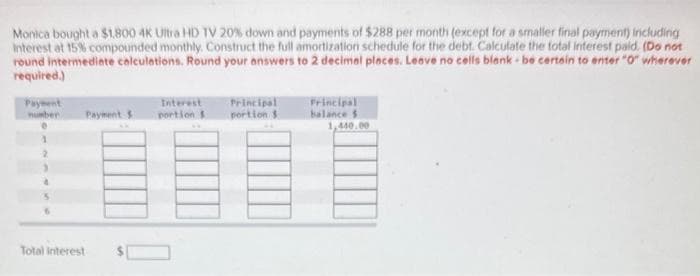 Monica bought a $1,800 4K Ultra HD TV 20% down and payments of $288 per month (except for a smaller final payment) including
Interest at 15% compounded monthly. Construct the full amortization schedule for the debt. Calculate the total interest paid. (Do not
round intermediate calculations. Round your answers to 2 decimal places. Leave no cells blank be certain to enter "0" wherever
required.)
Payment
number Payment S
Total interest
Interest
portion $
Principal
portion $
Principal
balance 5
1,440.00