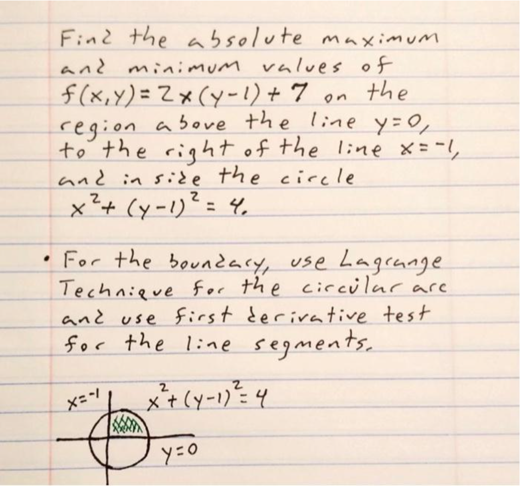 Fin2 the absolute maximum
and minimum values of
f(x,Y)=Zx(y-!) + 7
region above the line y=0,
to the right of the line x = -1,
andin side the ciccle
x?+ (y-1)?= 4,
on the
(1-ス)
For the boundary, use Lagrange
Technieve for the circular are
and use first derivative test
for the line segments.
2.
2.
x+(y-1)=4
y=0
