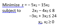 Minimize z =- 5x1– 15x2
subiect to
2x1- 4x2< 8
-3x1 + 3x2< 24
X1, X220
