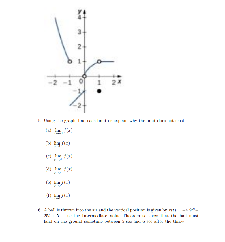 3.
o 1+
-2 -1 0
5. Using the graph, find each limit or explain why the limit does not exist.
(a) lim f(x)
-1
(b) lim f(x)
(c) lim f(x)
(d) lim f(r)
(e) lim f(x)
(f) lim f(r)
6. A ball is thrown into the air and the vertical position is given by r(t) = -4.9t²+
25t + 5. Use the Intermediate Value Theorem to show that the ball must
land on the ground sometime between 5 sec and 6 sec after the throw.
