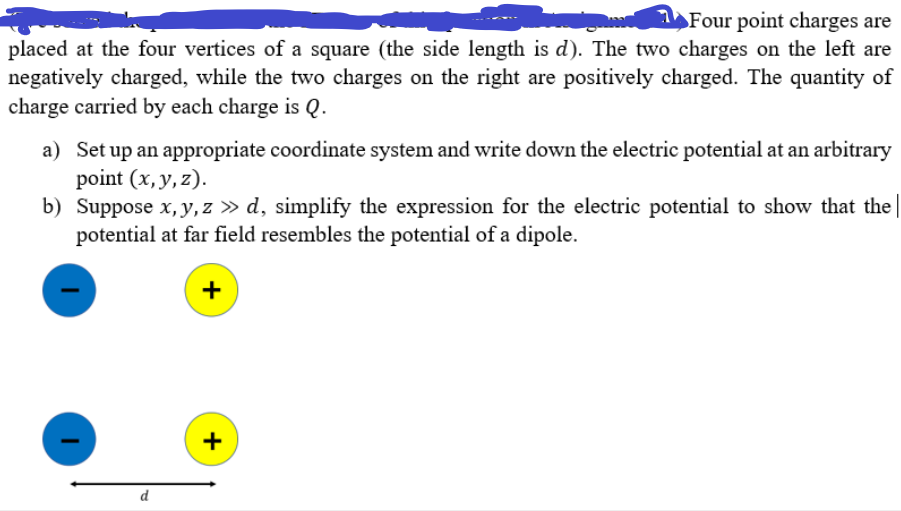 Four point charges are
placed at the four vertices of a square (the side length is d). The two charges on the left are
negatively charged, while the two charges on the right are positively charged. The quantity of
charge carried by each charge is Q.
a) Set up an appropriate coordinate system and write down the electric potential at an arbitrary
point (x, y, z).
b) Suppose x, y, z » d, simplify the expression for the electric potential to show that the
potential at far field resembles the potential of a dipole.
+
d
+
