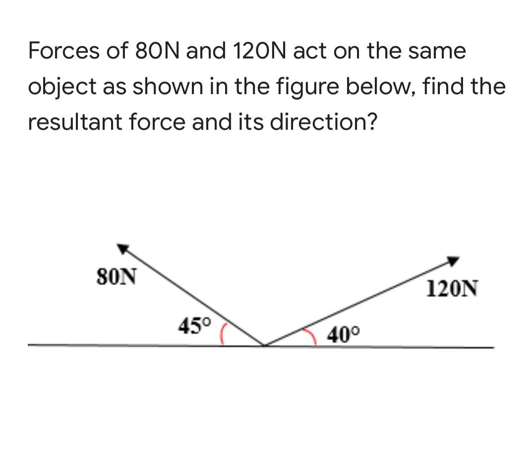 Forces of 8ON and 120N act on the same
object as shown in the figure below, find the
resultant force and its direction?
80N
120N
45°
40°

