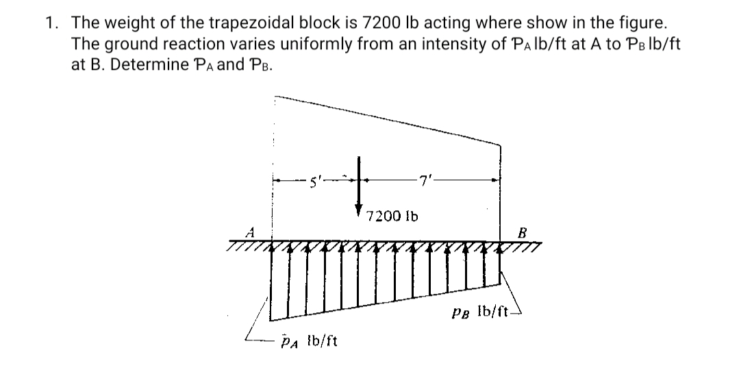 1. The weight of the trapezoidal block is 7200 lb acting where show in the figure.
The ground reaction varies uniformly from an intensity of PAlb/ft at A to PB Ib/ft
at B. Determine Pa and PB.
7'
7200 Ib
PB Ib/ft-
PA ib/ft
