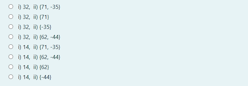 о) 32, i) {71, -35}
о) 32, i) {71}
о) 32, i) (-35}
о) 32, i) {62, -44)
о) 14, i) {71, -35}
О)) 14, i) {62, -44)
о) 14, i) (62}
о) 14, i) {-44)
