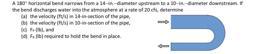 A 180° horizontal bend narrows from a 14-in.-diameter upstream to a 10–in.-diameter downstream. If
the bend discharges water into the atmosphere at a rate of 20 cfs, determine
(a) the velocity (ft/s) in 14-in-section of the pipe,
(b) the velocity (ft/s) in 10-in-section of the pipe,
(c) Fp (Ib), and
(d) FR (Ib) required to hold the bend in place.
