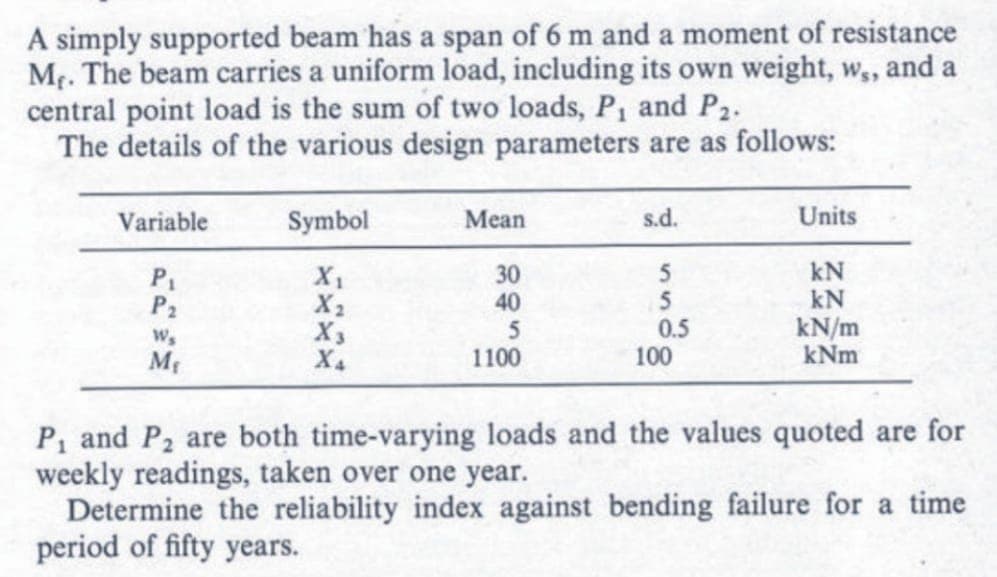 A simply supported beam has a span of 6 m and a moment of resistance
Mr. The beam carries a uniform load, including its own weight, w,, and a
central point load is the sum of two loads, P₁ and P₁.
The details of the various design parameters are as follows:
Variable
P₁
P₂
Ws
M₁
Symbol
X₁
X₂
X3
X4
Mean
30
40
5
1100
s.d.
5
5
0.5
100
Units
kN
kN
kN/m
kNm
P₁ and P₂ are both time-varying loads and the values quoted are for
weekly readings, taken over one year.
Determine the reliability index against bending failure for a time
period of fifty years.