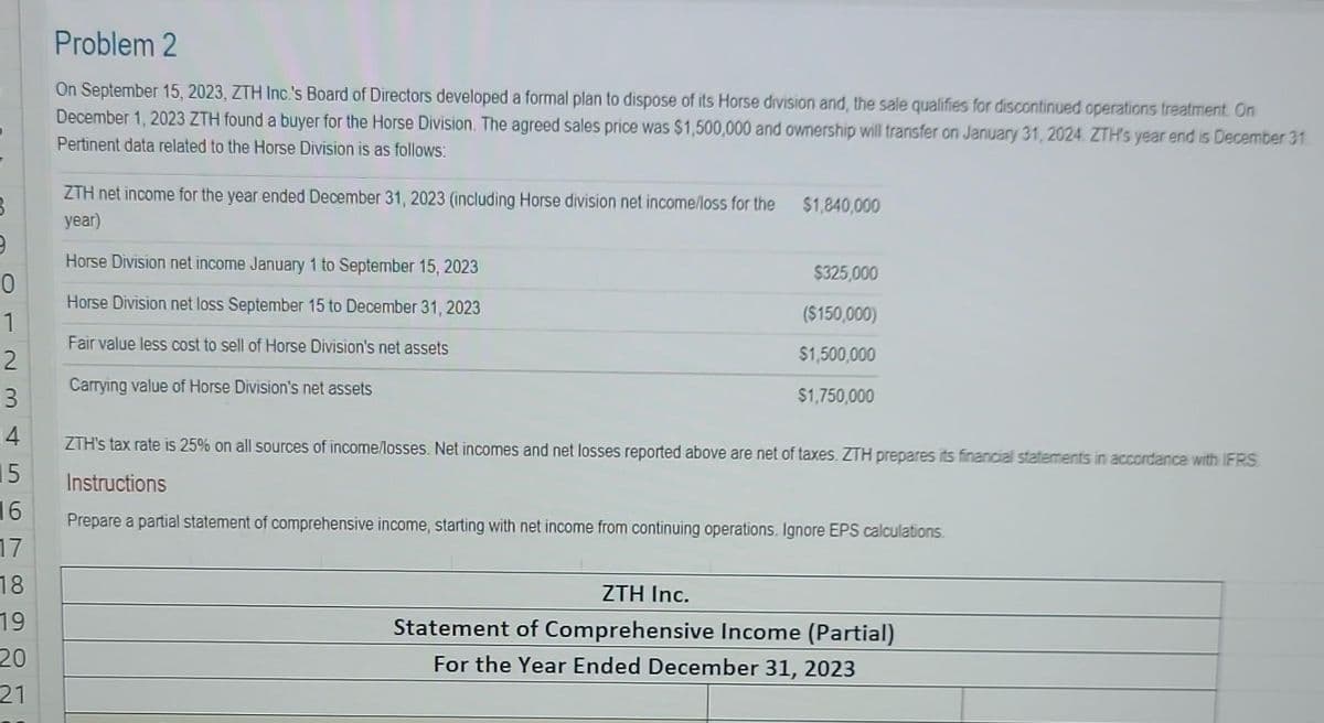 B
9
0
1
2
3
4
15
16
17
18
19
20
21
Problem 2
On September 15, 2023, ZTH Inc.'s Board of Directors developed a formal plan to dispose of its Horse division and, the sale qualifies for discontinued operations treatment. On
December 1, 2023 ZTH found a buyer for the Horse Division. The agreed sales price was $1,500,000 and ownership will transfer on January 31, 2024. ZTH's year end is December 31.
Pertinent data related to the Horse Division is as follows:
ZTH net income for the year ended December 31, 2023 (including Horse division net income/loss for the
year)
Horse Division net income January 1 to September 15, 2023
Horse Division net loss September 15 to December 31, 2023
Fair value less cost to sell of Horse Division's net assets
Carrying value of Horse Division's net assets
$1,840,000
$325,000
($150,000)
$1,500,000
$1,750,000
ZTH's tax rate is 25% on all sources of income/losses. Net incomes and net losses reported above are net of taxes. ZTH prepares its financial statements in accordance with IFRS
Instructions
Prepare a partial statement of comprehensive income, starting with net income from continuing operations. Ignore EPS calculations.
ZTH Inc.
Statement of Comprehensive Income (Partial)
For the Year Ended December 31, 2023